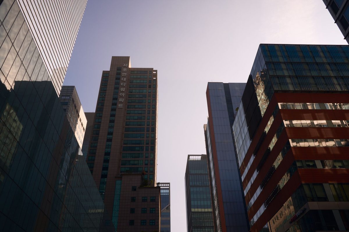 Seoul aesthetic clinic district — Gangnam medical buildings on a clear day